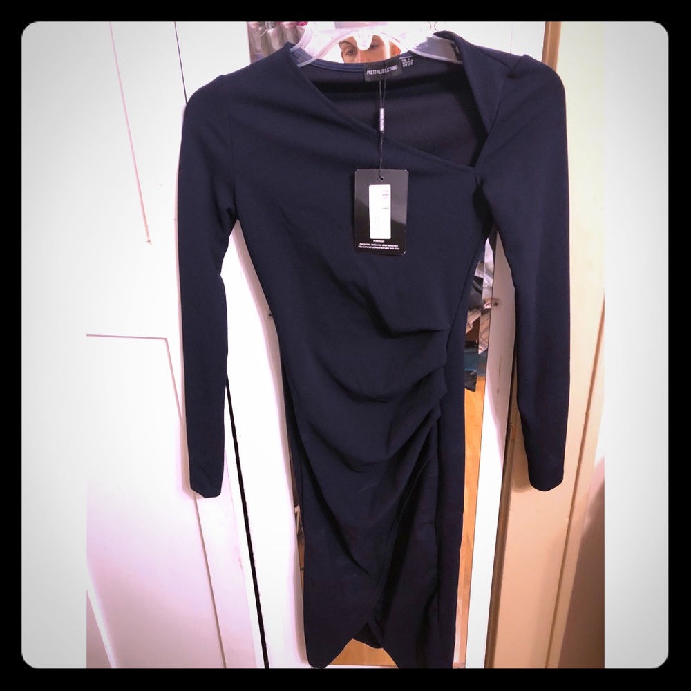 Navy asymetric neck pleated wrap midi dress